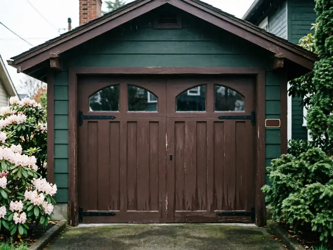 A brown wooden garage door with arched windows on a green garage.
