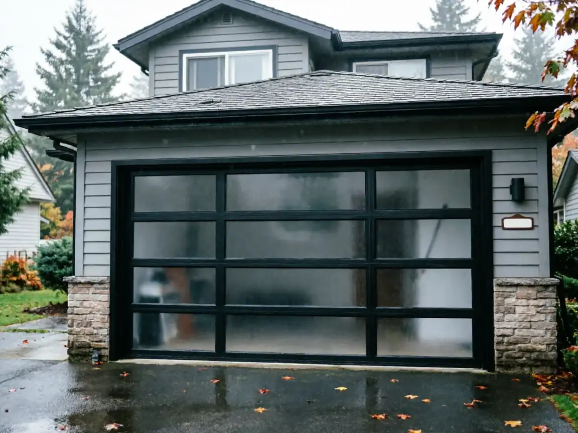 A modern black garage door with frosted glass panels on a gray house.