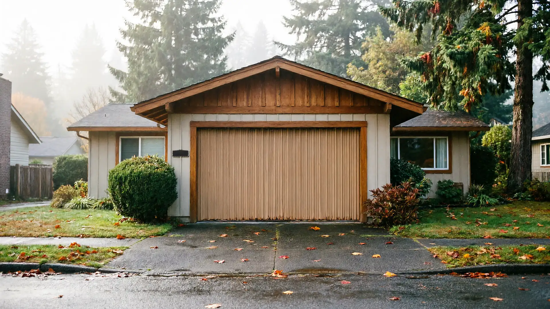 A house with a light brown garage door and a wet driveway with leaves.