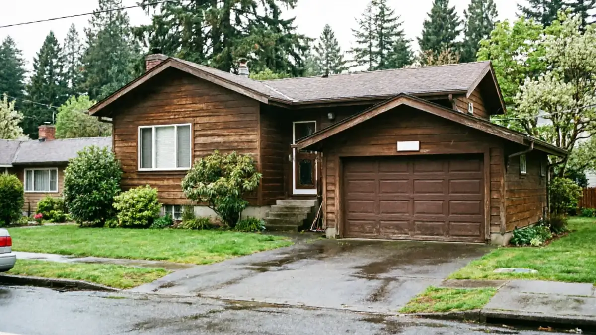 A brown wooden house has a brown garage door and a gray driveway.