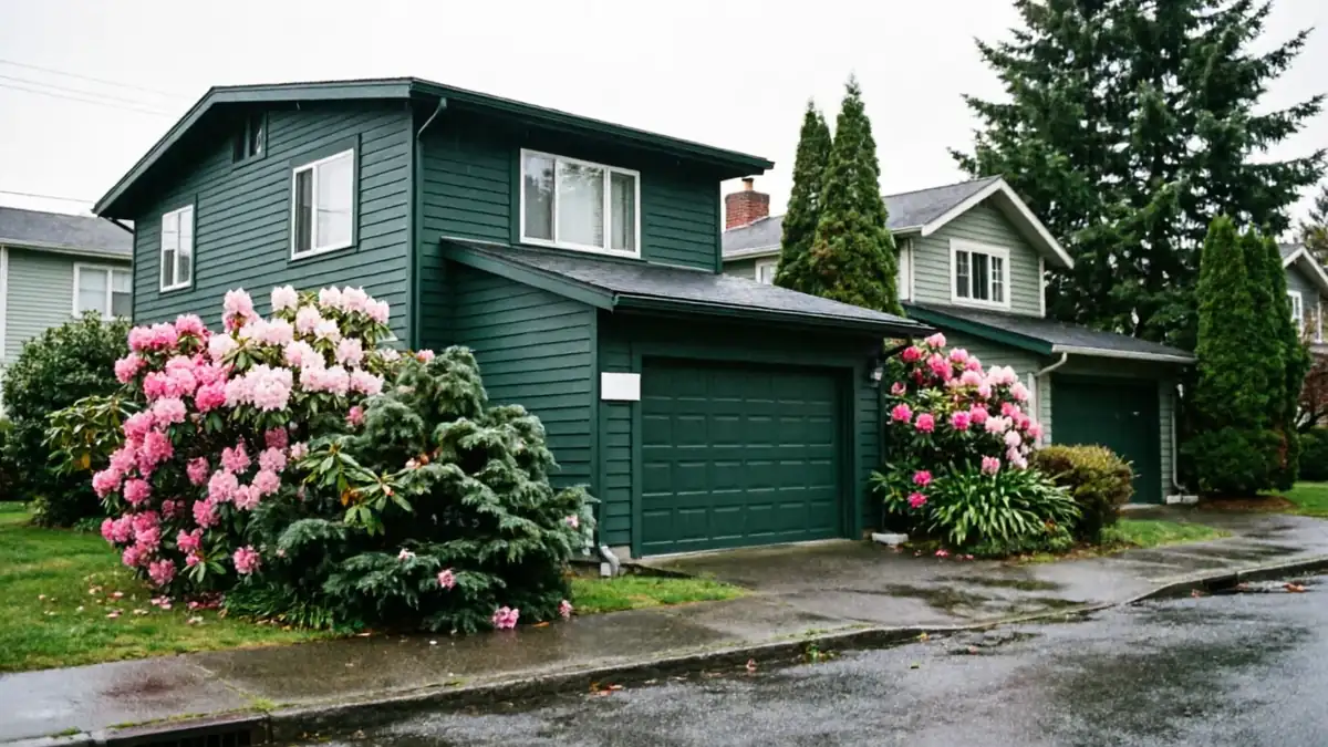 A dark green house with a matching garage door and pink rhododendrons.