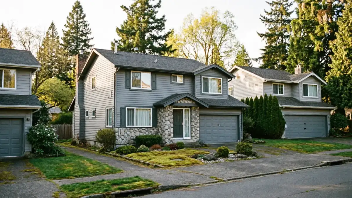 Three gray houses with gray garage doors line a street.