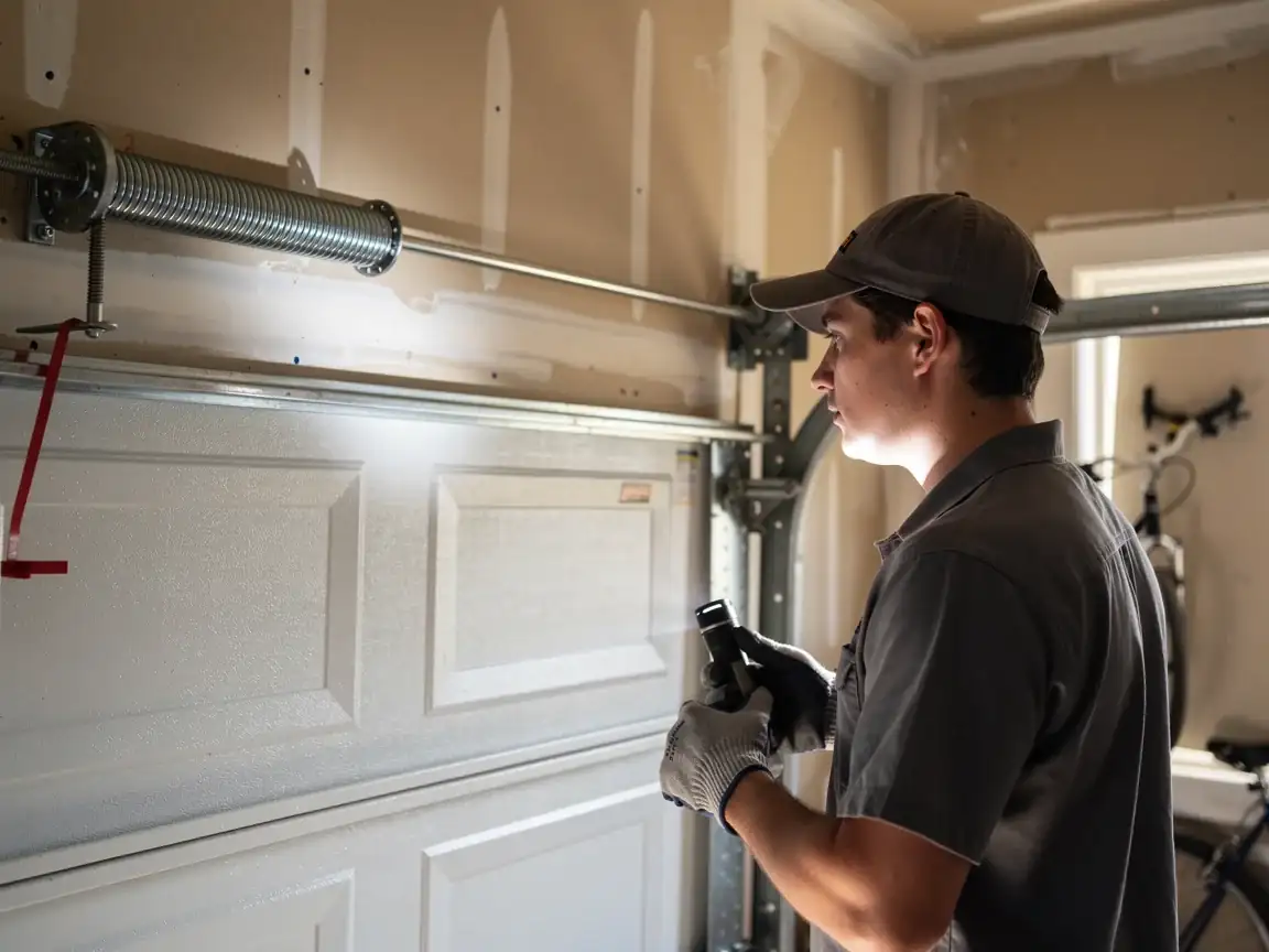A technician in a gray shirt and cap inspects a white garage door with a flashlight.