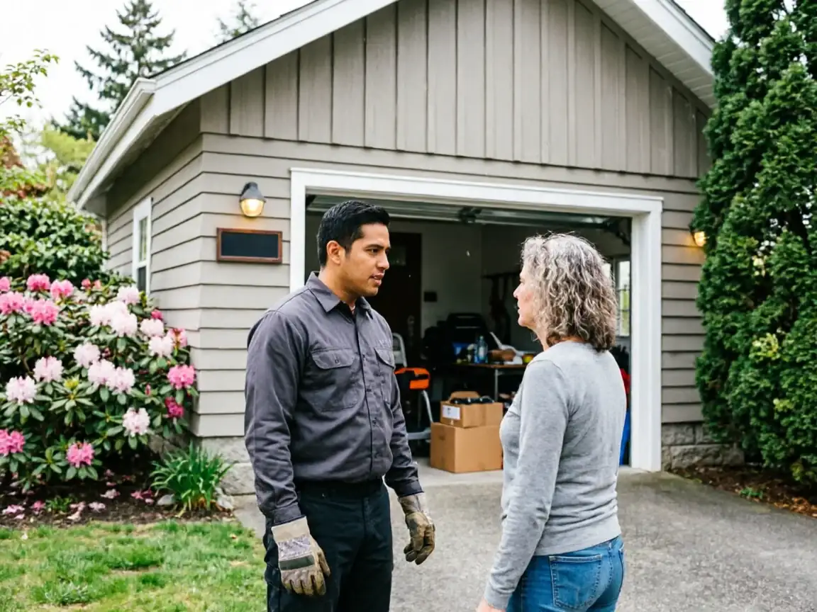 A technician talks to a woman in front of an open garage door.