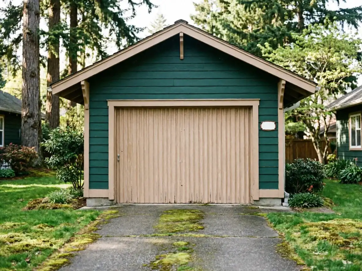 A detached green garage with a tan wooden garage door and a mossy driveway.
