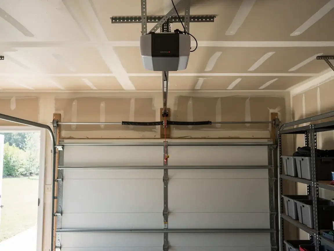 The garage door is closed, with an opener and torsion spring visible.