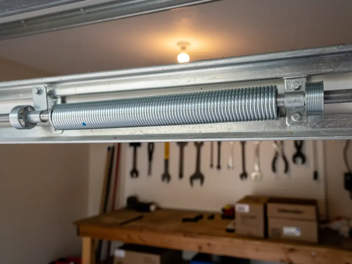 A new torsion spring is installed on a garage door.