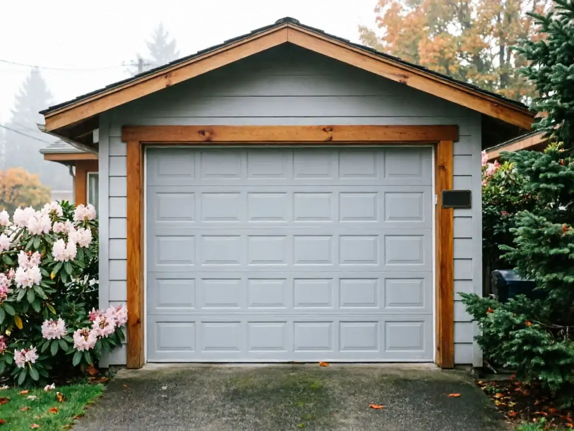 A light gray garage door with panels is surrounded by wooden trim.