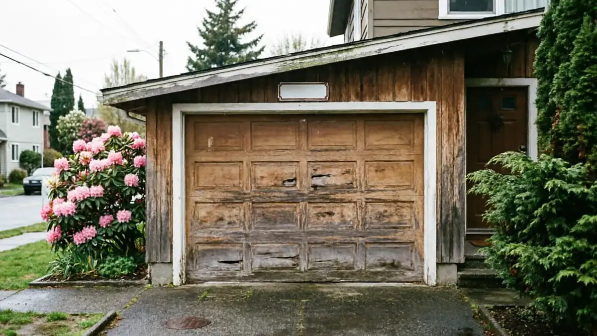 A weathered wooden garage door with peeling paint and damaged panels.