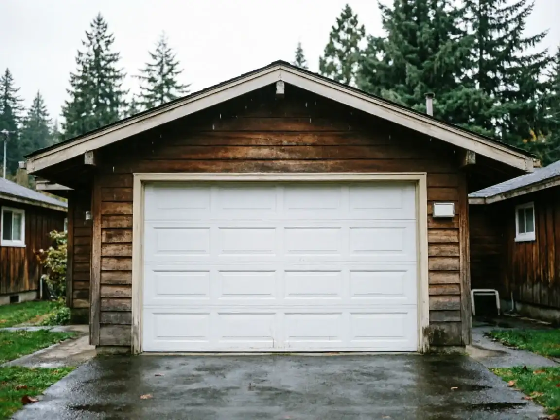 A white panel garage door is on a brown wooden garage with a wet driveway.