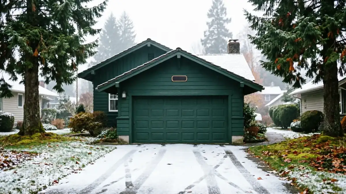 A green house with a green garage door and a snow-covered driveway.