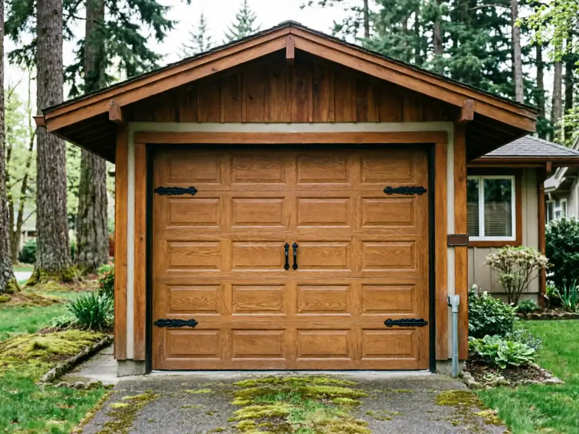 A brown wooden garage door with black decorative hinges and handles.